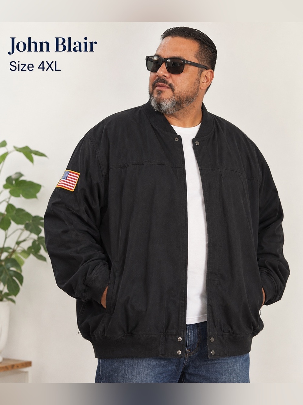 John Blair vintage Black Bomber Jacket with USA Flag Patch - Size 4XL-TL